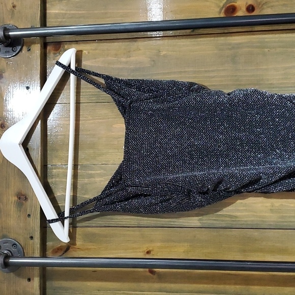 BLACK SHIMMER DRESS MINI EVENING STRETCH BODYCON COWL NECK RAVE CLUBWEAR MOB - Picture 7 of 12